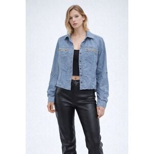 Taxi Denim 100% Cotton Shirt Top Medium M Button Front Zip Pockets Light Blue